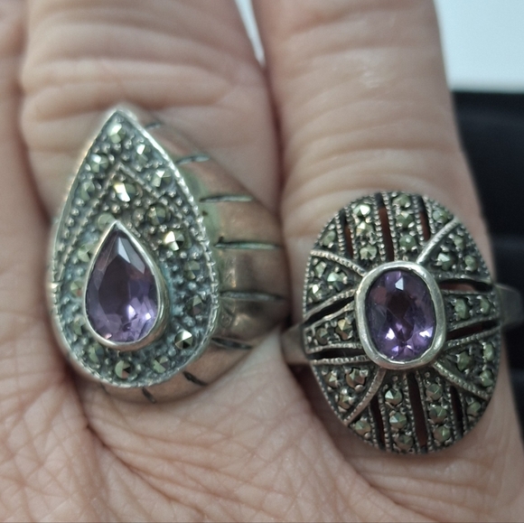 Vintage and unique Amythest And Marcasite Sterling two Rings stamped 925 - Picture 3 of 16